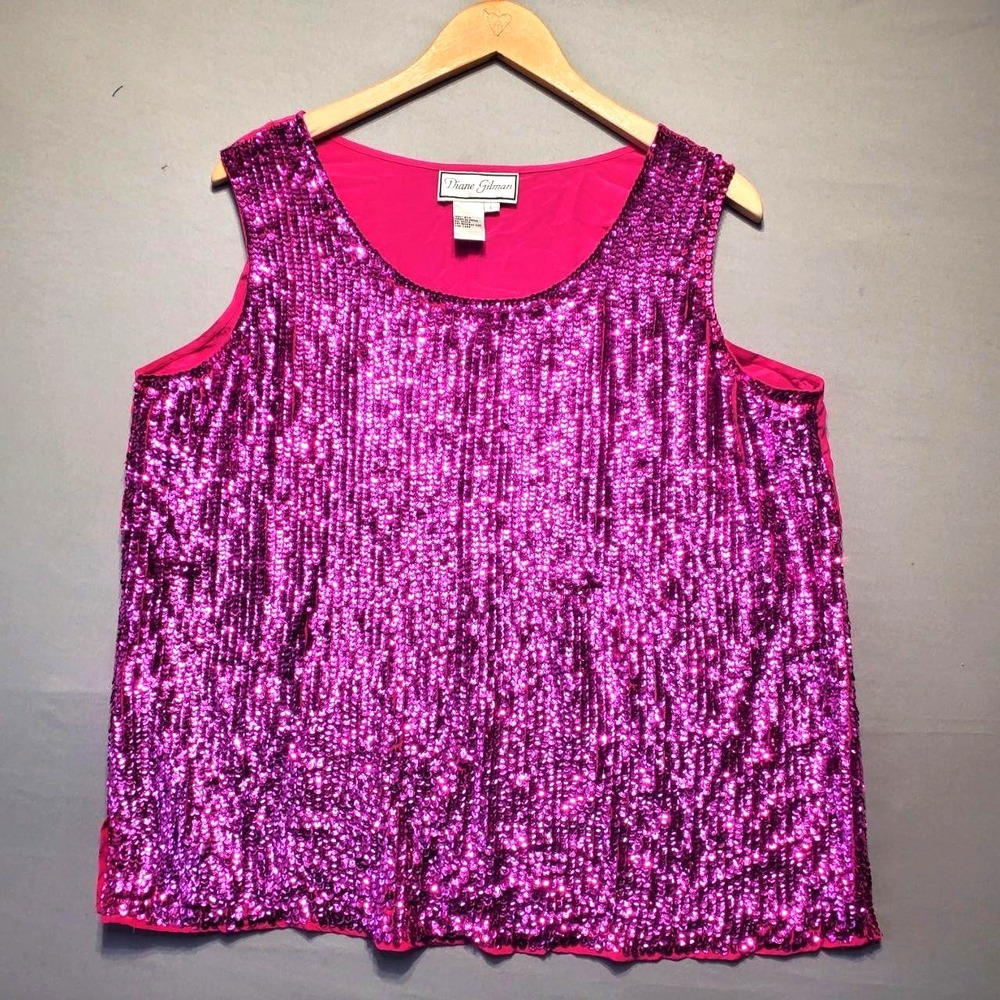 VTGโ Diane Gilman 100% Silk Pink Sequined Tank Top Womens Large Glam Party 90s